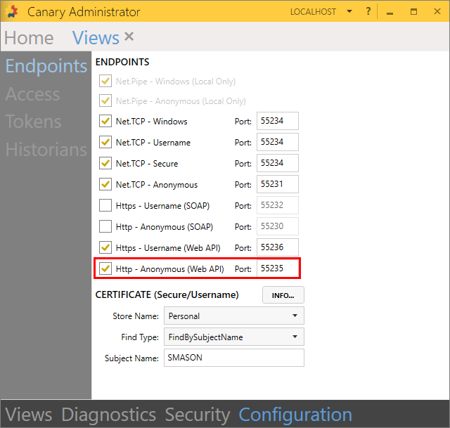 Canary Administrator Views Configuration